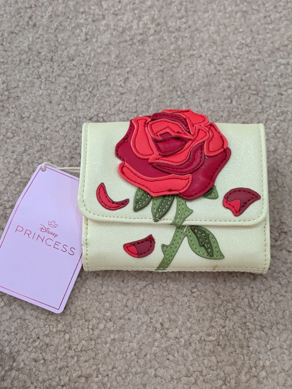 Loungefly Disney Princesses Belle Glittery Cream Wallet with Red Rose Applique